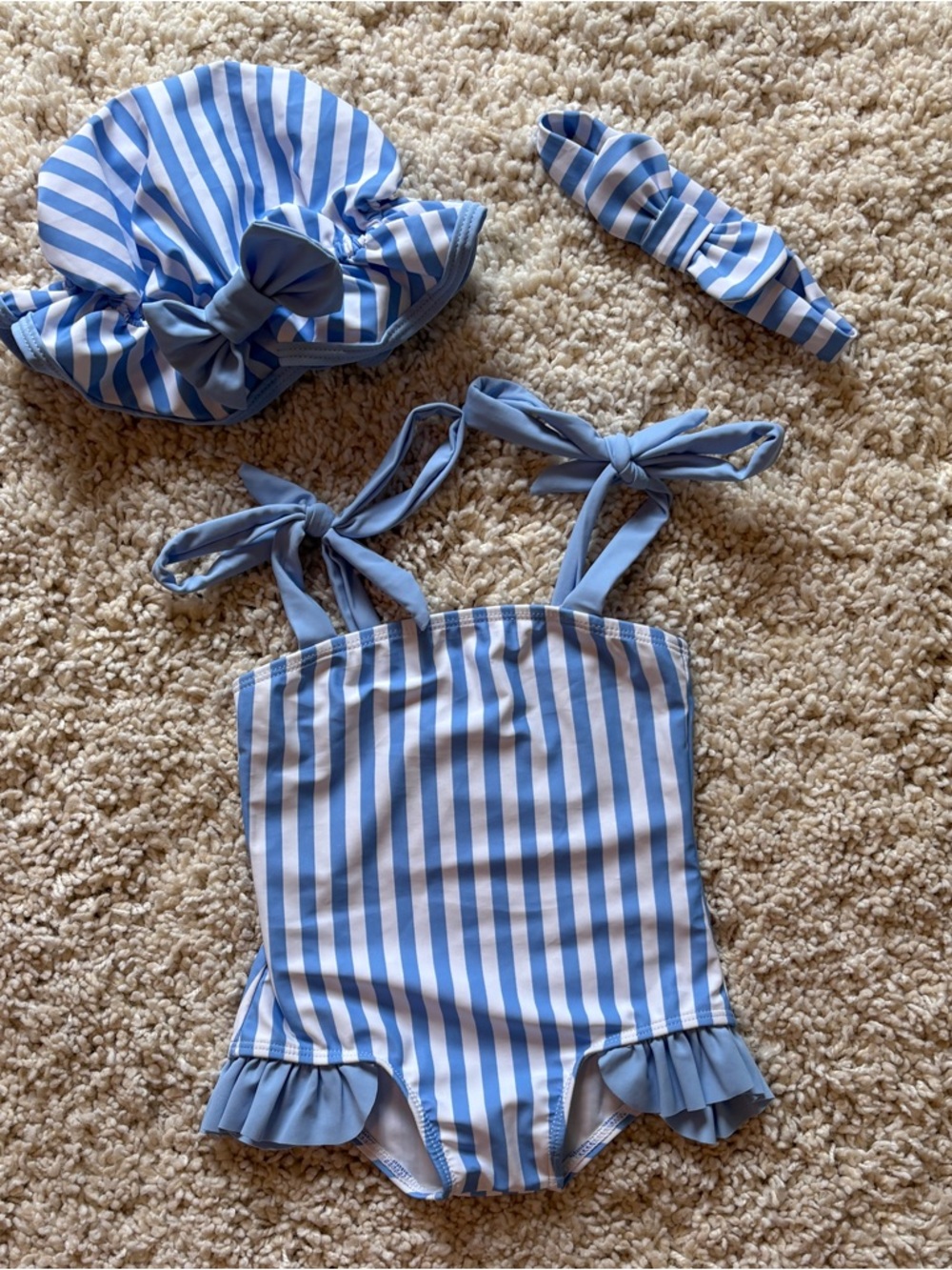 Baby Girls Blue & White Striped One Piece Swimsuit Set Sun Hat Headband 6-12 M